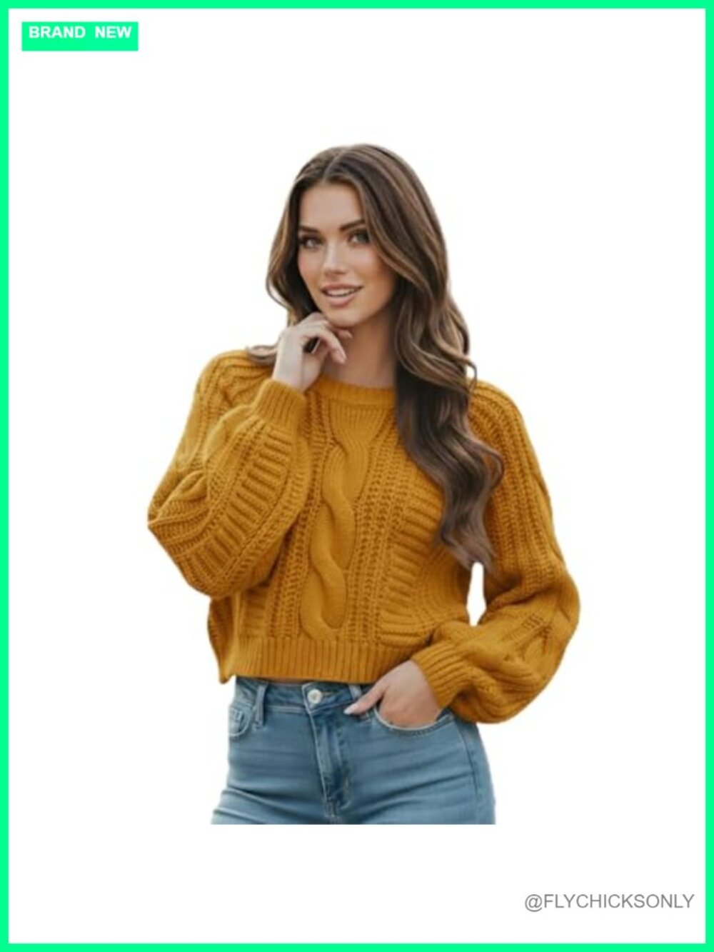 Cropped Cable Knit Sweater Long Sleeve Pullover Acrylic Fall Winter